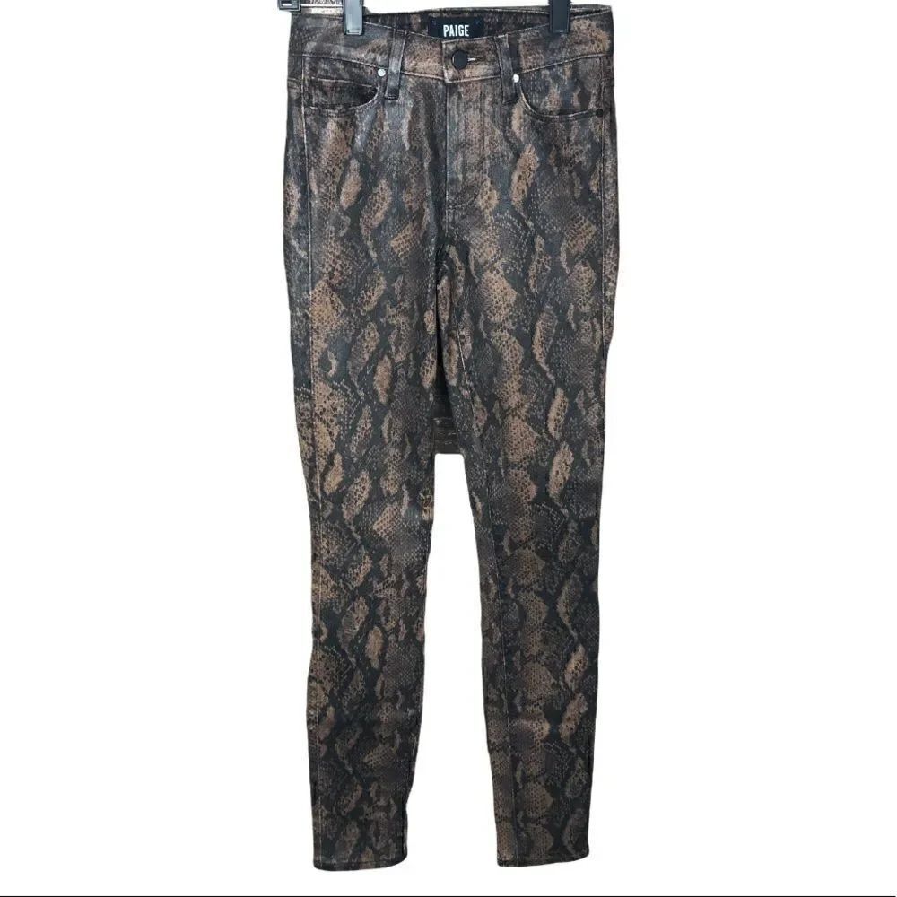 PAIGE Hoxton Ultra Skinny Pants Snake skin Print Brown Black Zip Front 23 Waist